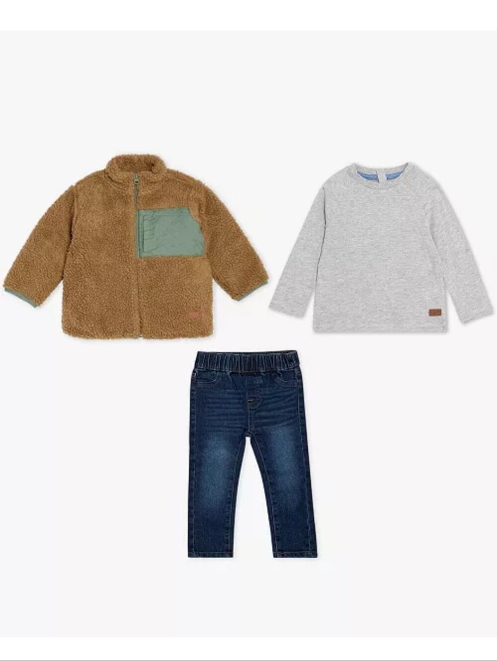 7 For All Mankind Toddler Cognac Sherpa Jacket with Gray Tee And Pants